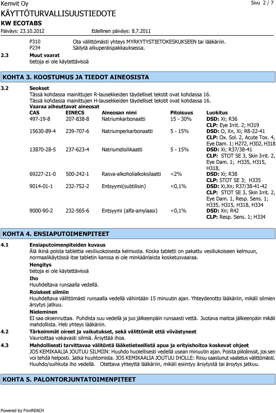 Vaaraa aiheuttavat aineosat CAS EINECS Aineosan nimi Pitoisuus Luokitus 497-19-8 207-838-8 Natriumkarbonaatti 15-30% DSD: Xi; R36 CLP: Eye Irrit.