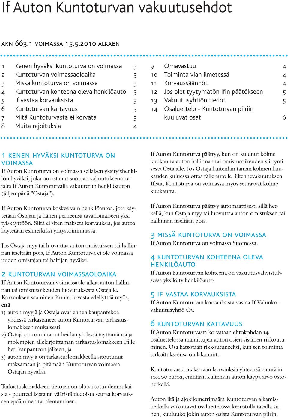 Kuntoturvan kattavuus 3 7 Mitä Kuntoturvasta ei korvata 3 8 Muita rajoituksia 4 9 Omavastuu 4 10 Toiminta vian ilmetessä 4 11 Korvaussäännöt 4 12 Jos olet tyytymätön Ifin päätökseen 5 13