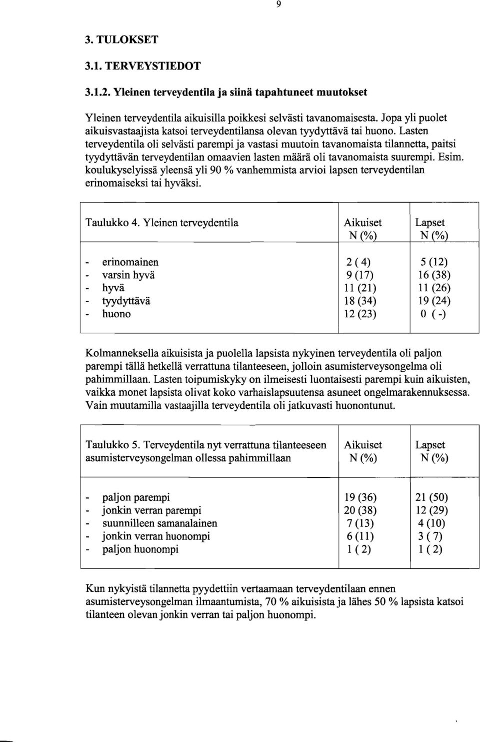 Lasten terveydentila oli selvasti parempi ja vastasi muutoin tavanomaista tilannetta, paitsi tyydyttävän terveydentilan omaavien lasten määrä oli tavanomaista suurempi. Esim.