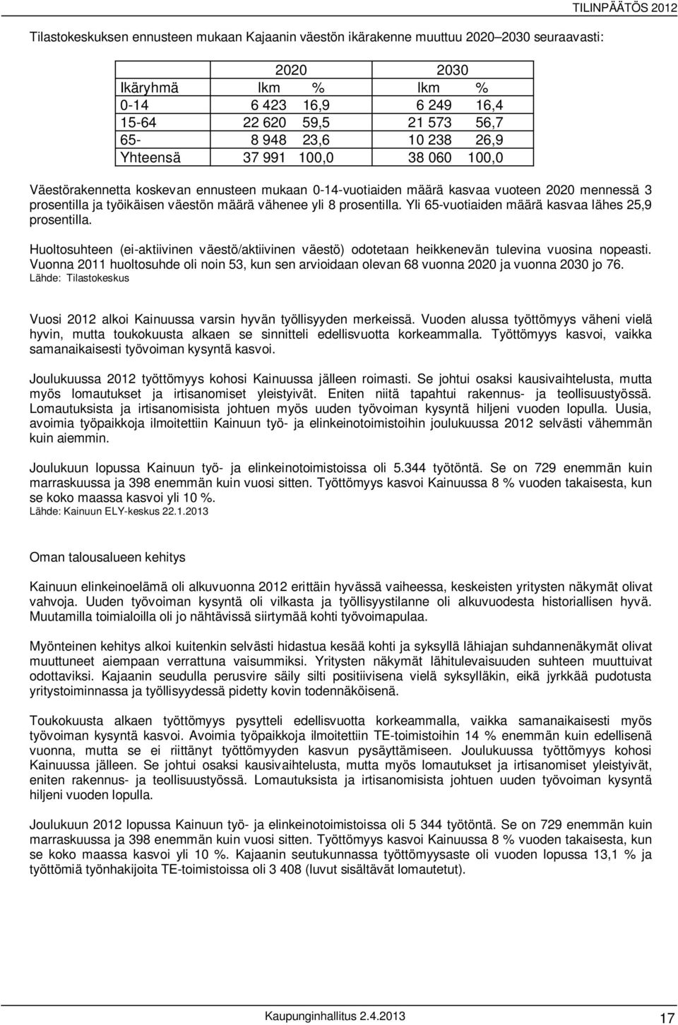 vähenee yli 8 prosentilla. Yli 65-vuotiaiden määrä kasvaa lähes 25,9 prosentilla. Huoltosuhteen (ei-aktiivinen väestö/aktiivinen väestö) odotetaan heikkenevän tulevina vuosina nopeasti.