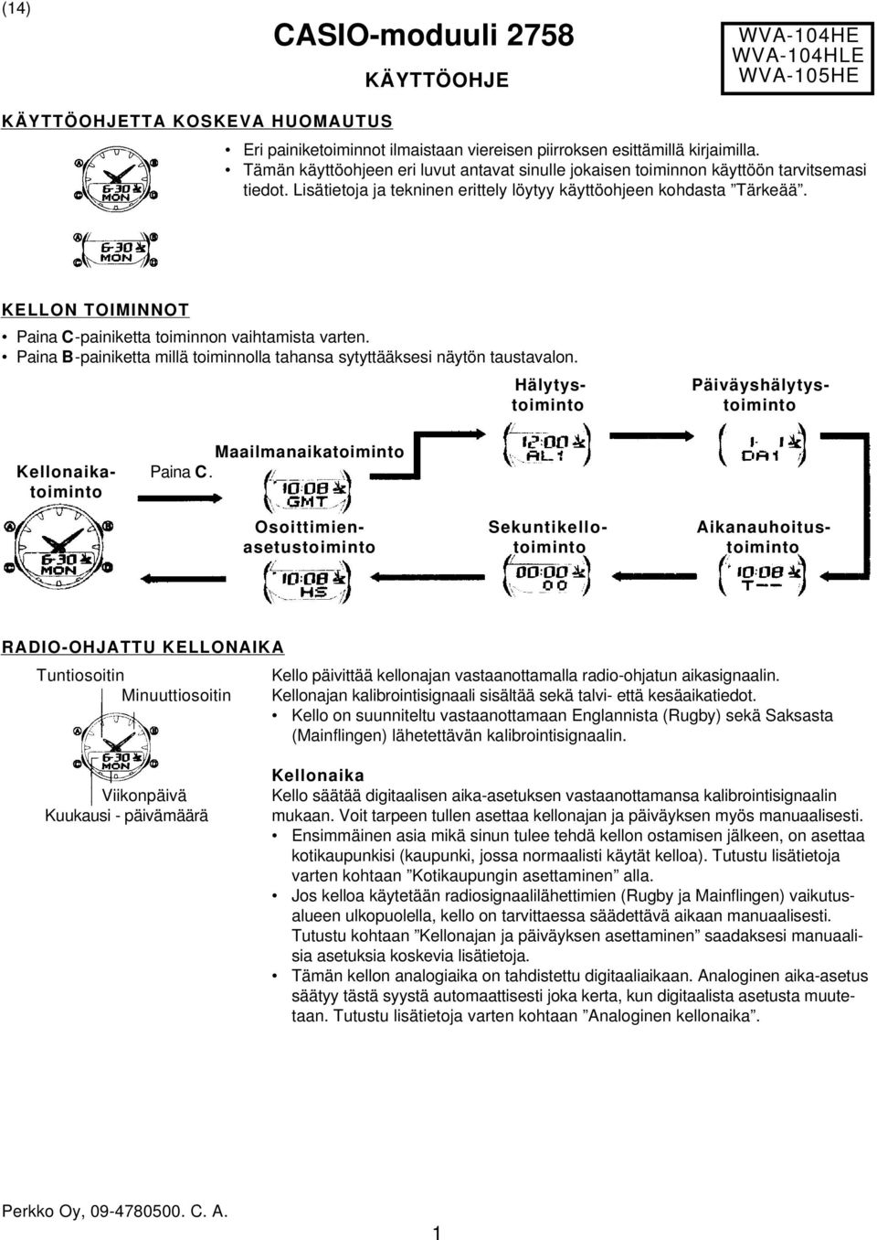 KELLON TOIMINNOT Paina C-painiketta toiminnon vaihtamista varten. Paina B-painiketta millä toiminnolla tahansa sytyttääksesi näytön taustavalon.