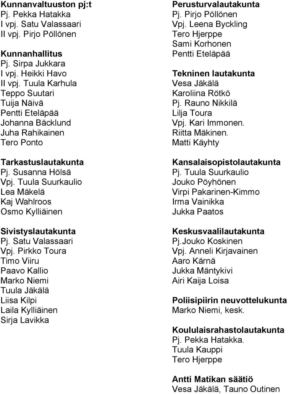 Tuula Suurkaulio Lea Mäkelä Kaj Wahlroos Osmo Kylliäinen Sivistyslautakunta Pj. Satu Valassaari Vpj.