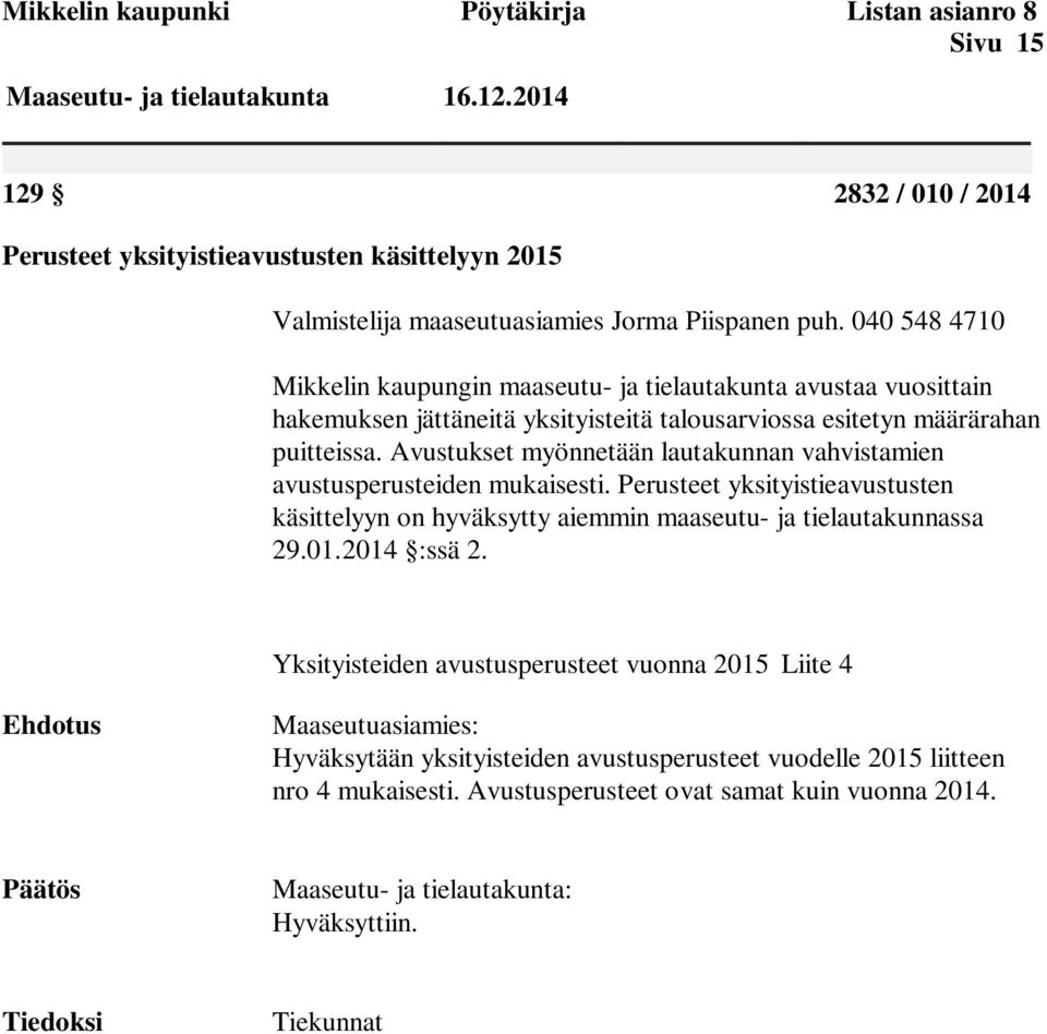 040 548 4710 Mikkelin kaupungin maaseutu- ja tielautakunta avustaa vuosittain hakemuksen jättäneitä yksityisteitä talousarviossa esitetyn määrärahan puitteissa.