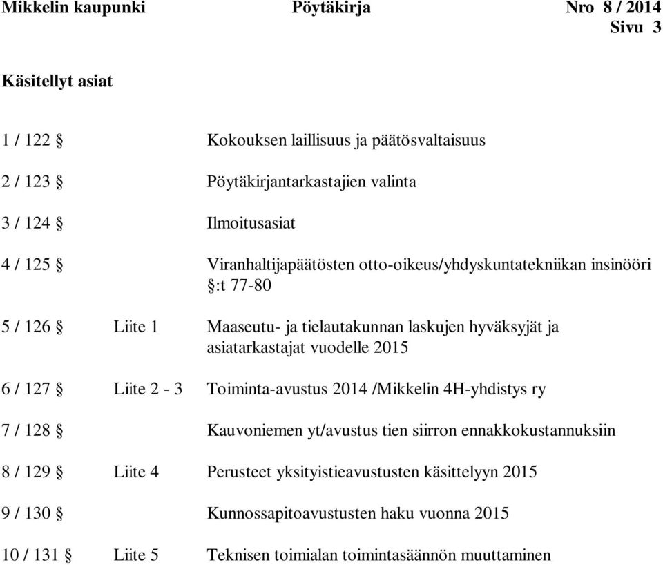 asiatarkastajat vuodelle 2015 6 / 127 Liite 2-3 Toiminta-avustus 2014 /Mikkelin 4H-yhdistys ry 7 / 128 Kauvoniemen yt/avustus tien siirron ennakkokustannuksiin 8 /