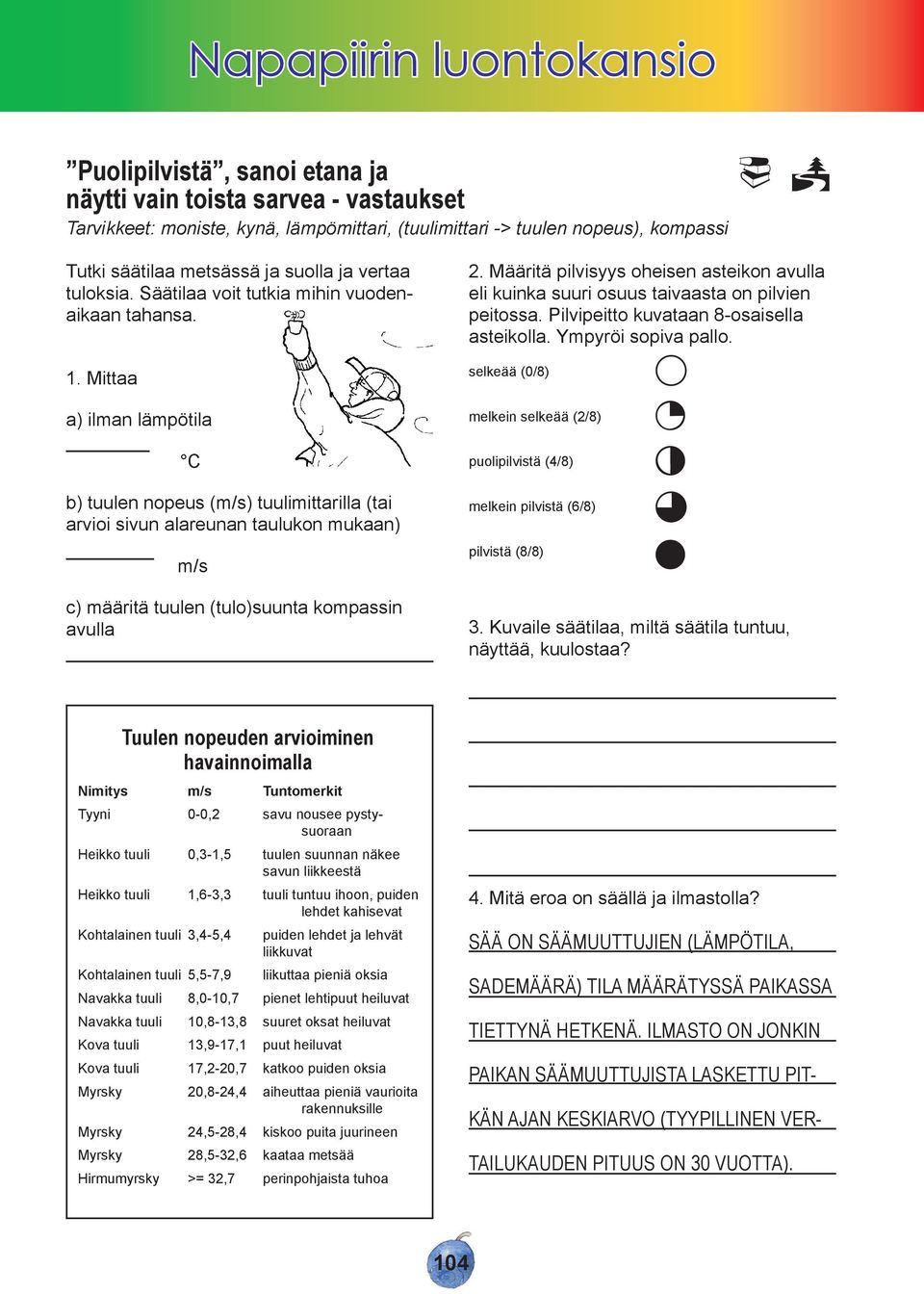 Mittaa a) ilman lämpötila C b) tuulen nopeus (m/s) tuulimittarilla (tai arvioi sivun alareunan taulukon mukaan) m/s c) määritä tuulen (tulo)suunta kompassin avulla 2.