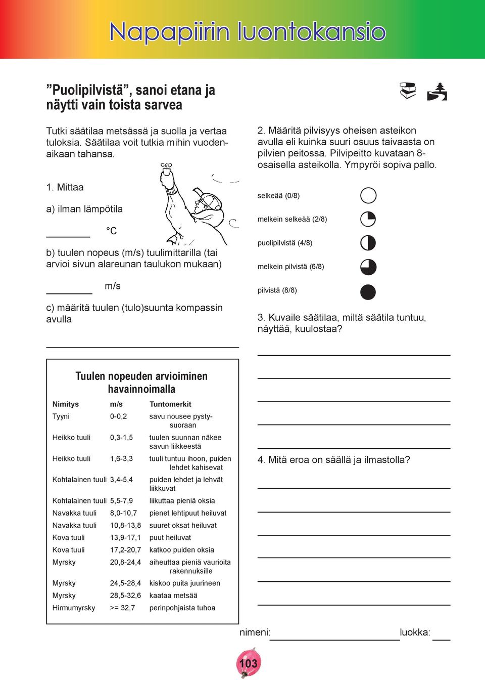 puolipilvistä (4/8) melkein pilvistä (6/8) pilvistä (8/8) 2. Määritä pilvisyys oheisen asteikon avulla eli kuinka suuri osuus taivaasta on pilvien peitossa.