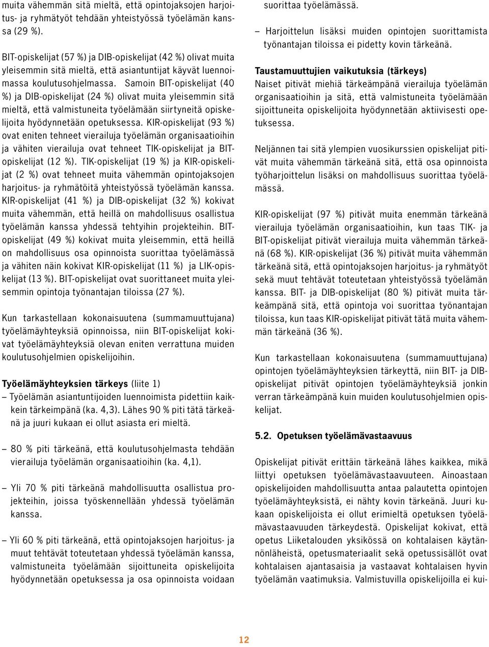 Samoin BIT-opiskelijat (40 %) ja DIB-opiskelijat (24 %) olivat muita yleisemmin sitä mieltä, että valmistuneita työelämään siirtyneitä opiskelijoita hyödynnetään opetuksessa.