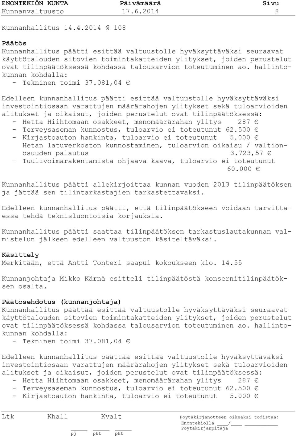 4.2014 108 Kunnanhallitus päätti esittää valtuustolle hyväksyttäväksi seuraavat käyttötalouden sitovien toimintakatteiden ylitykset, joiden perustelut ovat tilinpäätöksessä kohdassa talousarvion