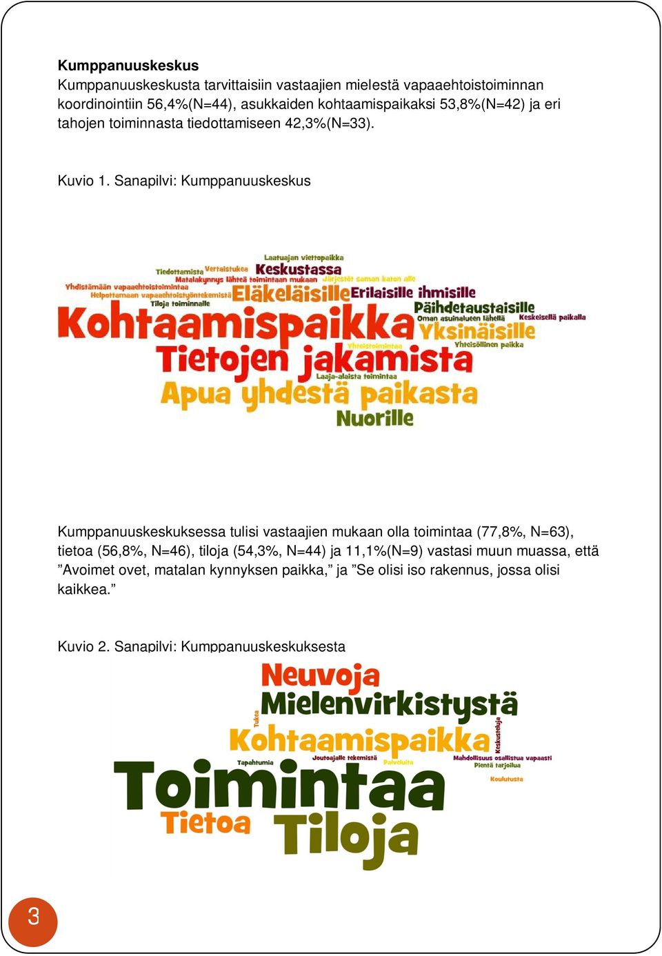 Sanapilvi: Kumppanuuskeskus Kumppanuuskeskuksessa tulisi vastaajien mukaan olla toimintaa (77,8%, N=63), tietoa (56,8%, N=46), tiloja