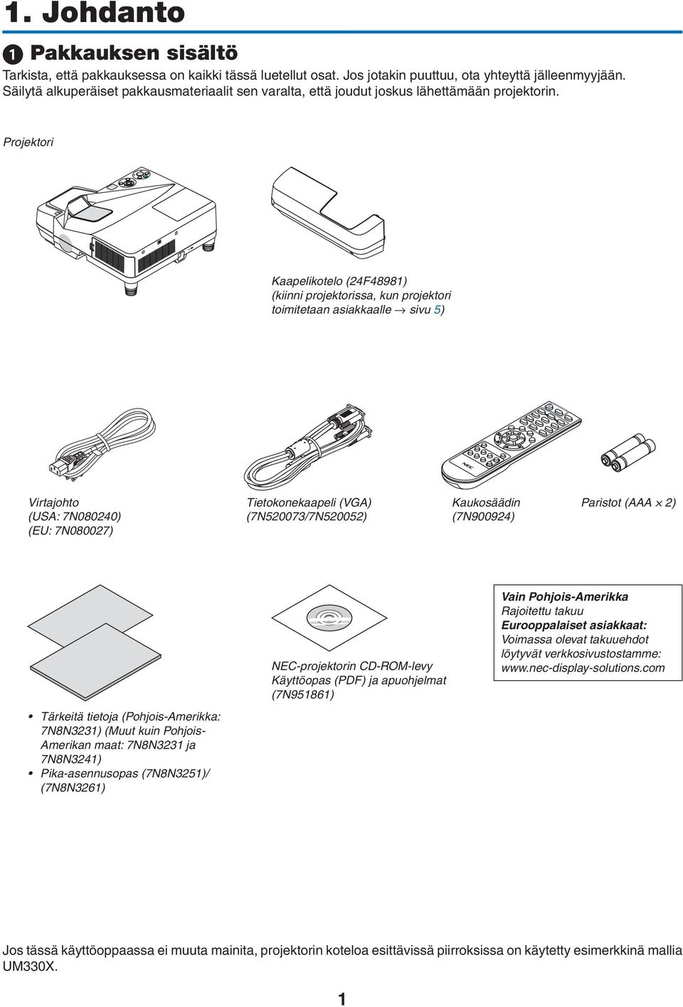 Projektori Kaapelikotelo (24F48981) (kiinni projektorissa, kun projektori toimitetaan asiakkaalle sivu 5) Virtajohto (USA: 7N080240) (EU: 7N080027) Tietokonekaapeli (VGA) (7N520073/7N520052)