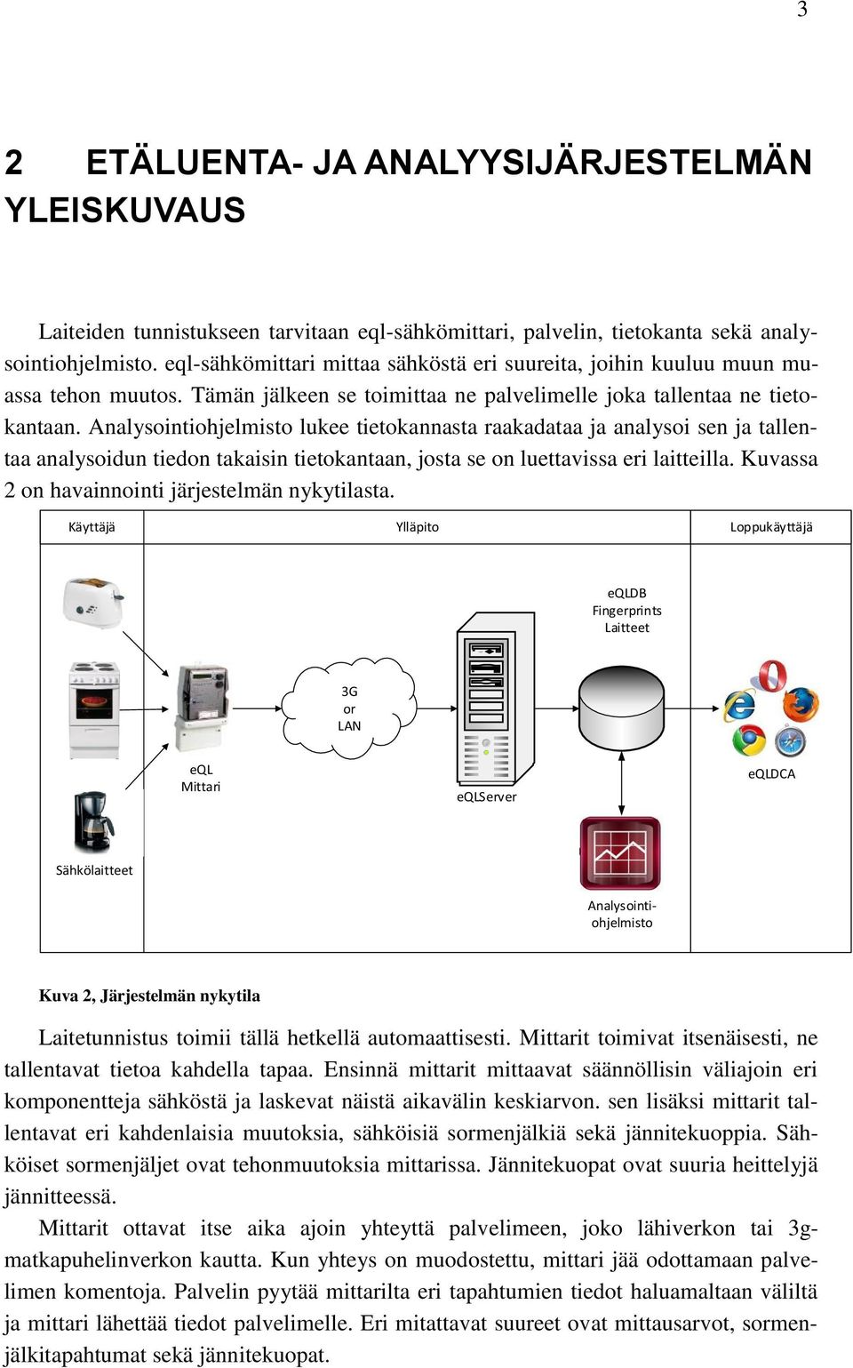 Analysointiohjelmisto lukee tietokannasta raakadataa ja analysoi sen ja tallentaa analysoidun tiedon takaisin tietokantaan, josta se on luettavissa eri laitteilla.