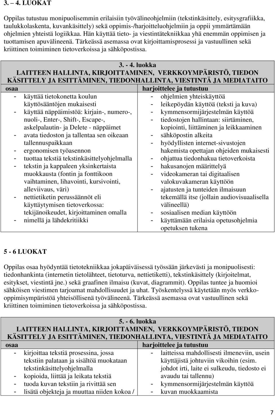 Tärkeässä asemassa ovat kirjoittamisprosessi ja vastuullinen sekä kriittinen toimiminen tietoverkoissa ja sähköpostissa. 3. - 4.