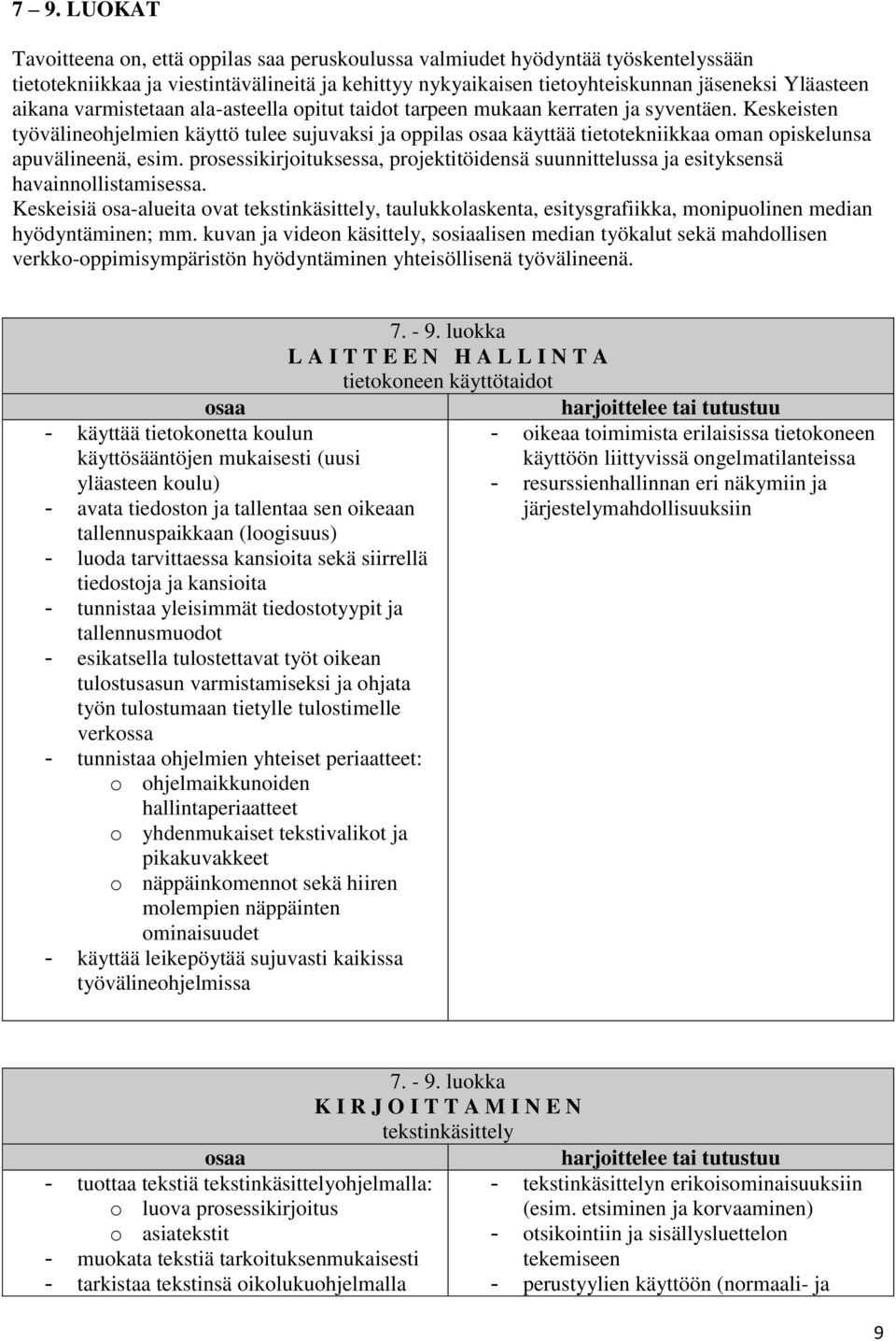 Keskeisten työvälineohjelmien käyttö tulee sujuvaksi ja oppilas käyttää tietotekniikkaa oman opiskelunsa apuvälineenä, esim.