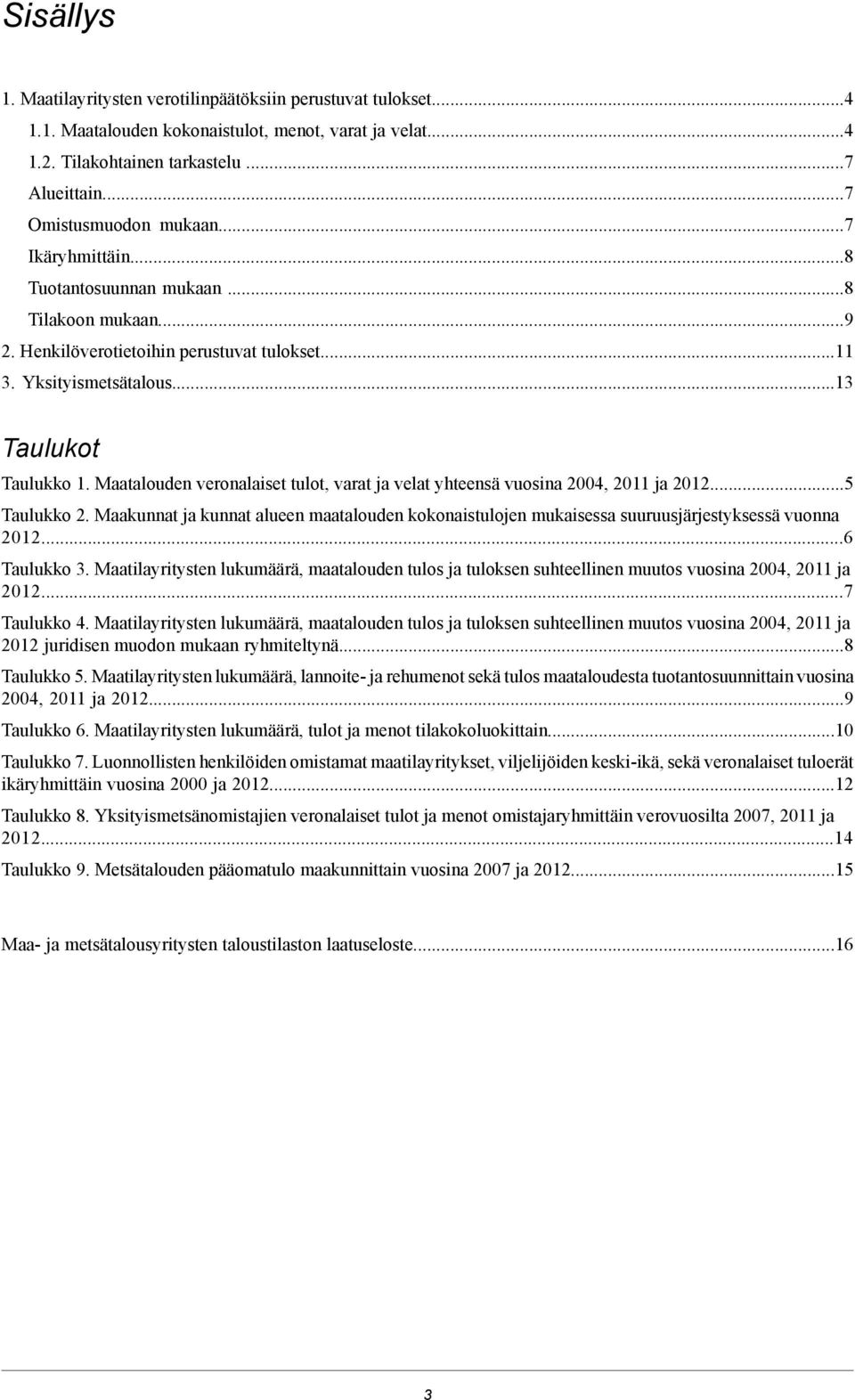 Maatalouden veronalaiset tulot, varat ja velat yhteensä vuosina, ja.5 Taulukko 2. Maakunnat ja kunnat alueen maatalouden kokonaistulojen mukaisessa suuruusjärjestyksessä vuonna.6 Taulukko 3.