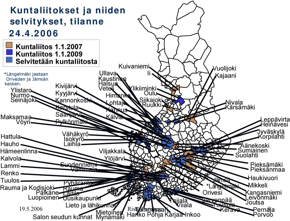 Karstula Ruukki Kannus Saarijärvi Kälviä Pylkönmäki *Längelmäki jaetaan Oriveden ja Jämsän kesken.