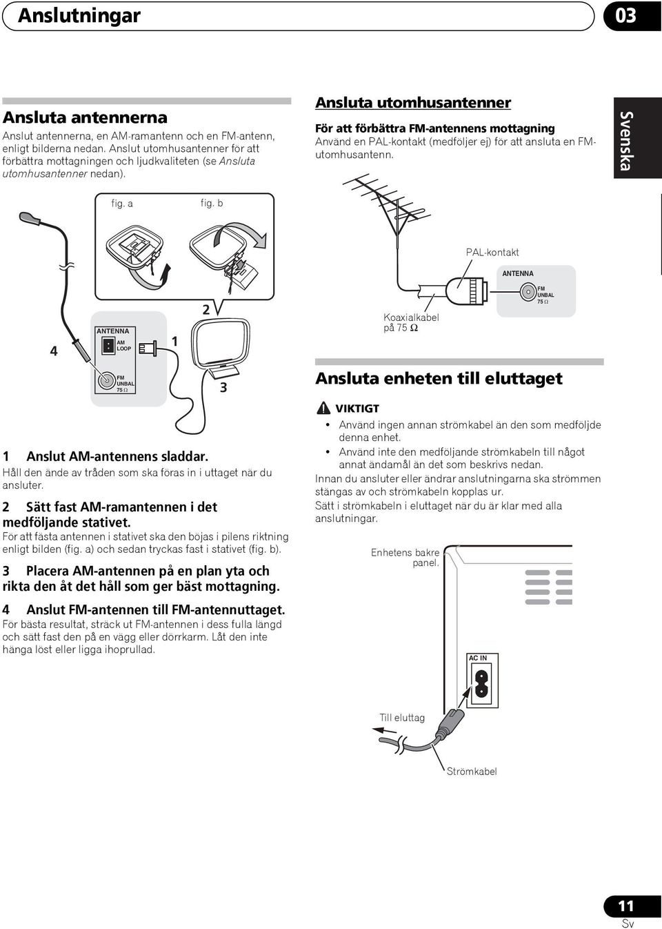 Ansluta utomhusantenner För att förbättra FM-antennens mottagning Använd en PAL-kontakt (medföljer ej) för att ansluta en FMutomhusantenn. Svenska fig. a fig.