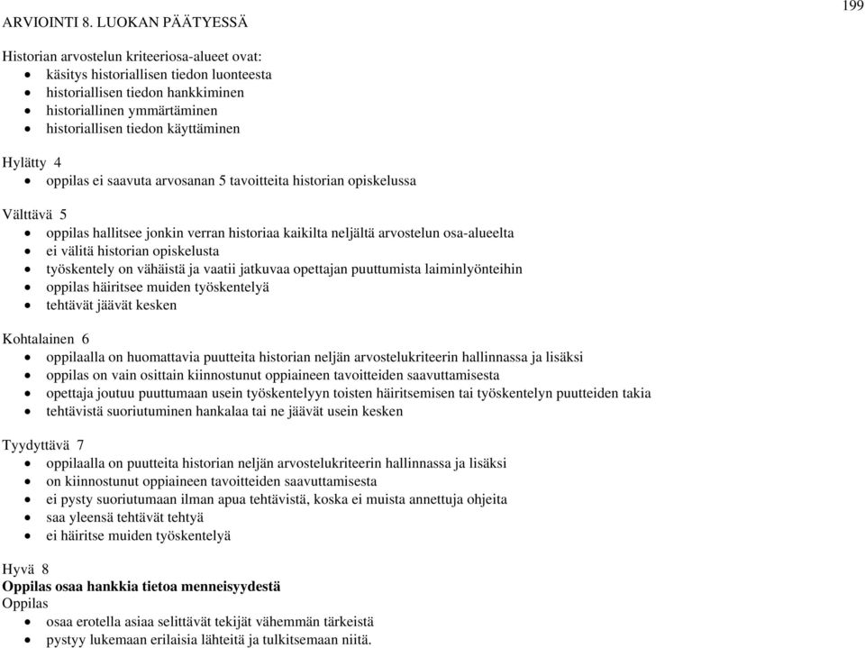 käyttäminen Hylätty 4 oppilas ei saavuta arvosanan 5 tavoitteita historian opiskelussa Välttävä 5 oppilas hallitsee jonkin verran historiaa kaikilta neljältä arvostelun osa-alueelta ei välitä