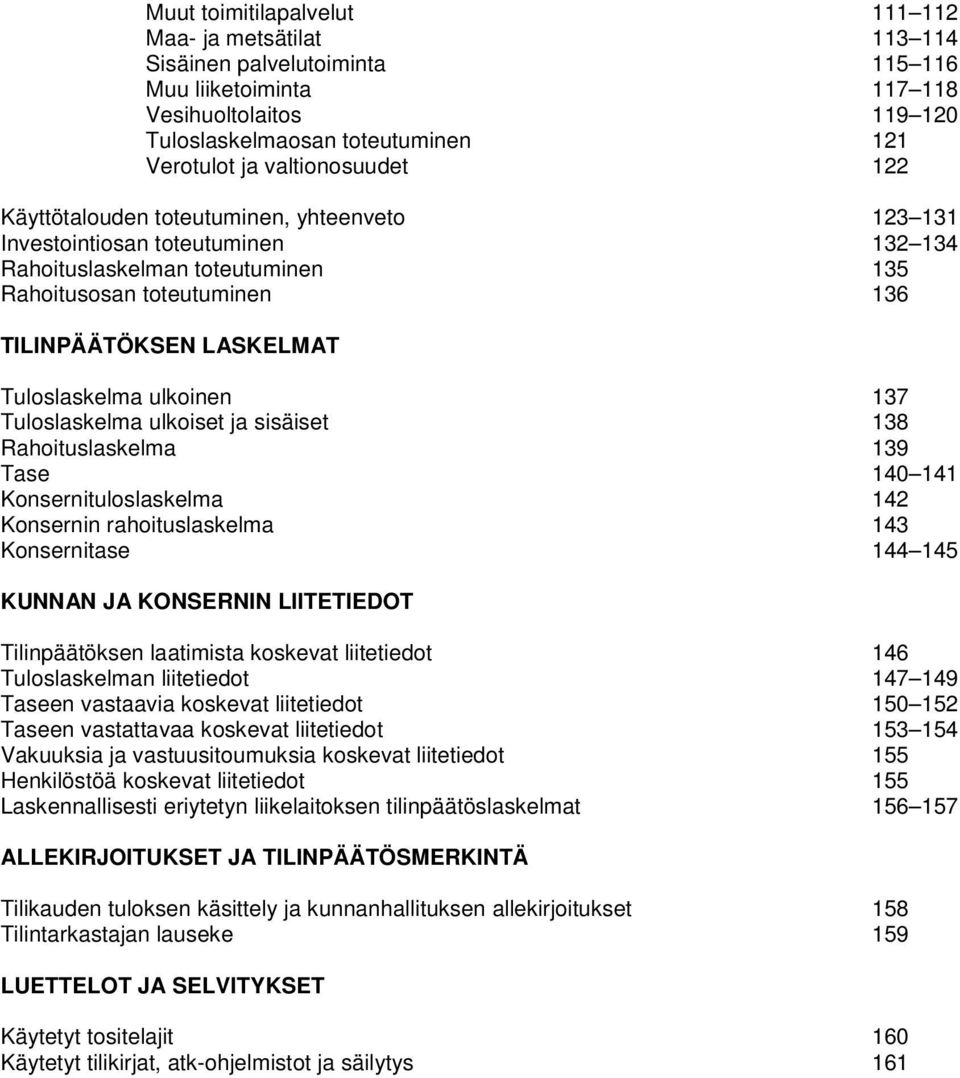 Tuloslaskelma ulkoinen 137 Tuloslaskelma ulkoiset ja sisäiset 138 Rahoituslaskelma 139 Tase 140 141 Konsernituloslaskelma 142 Konsernin rahoituslaskelma 143 Konsernitase 144 145 KUNNAN JA KONSERNIN