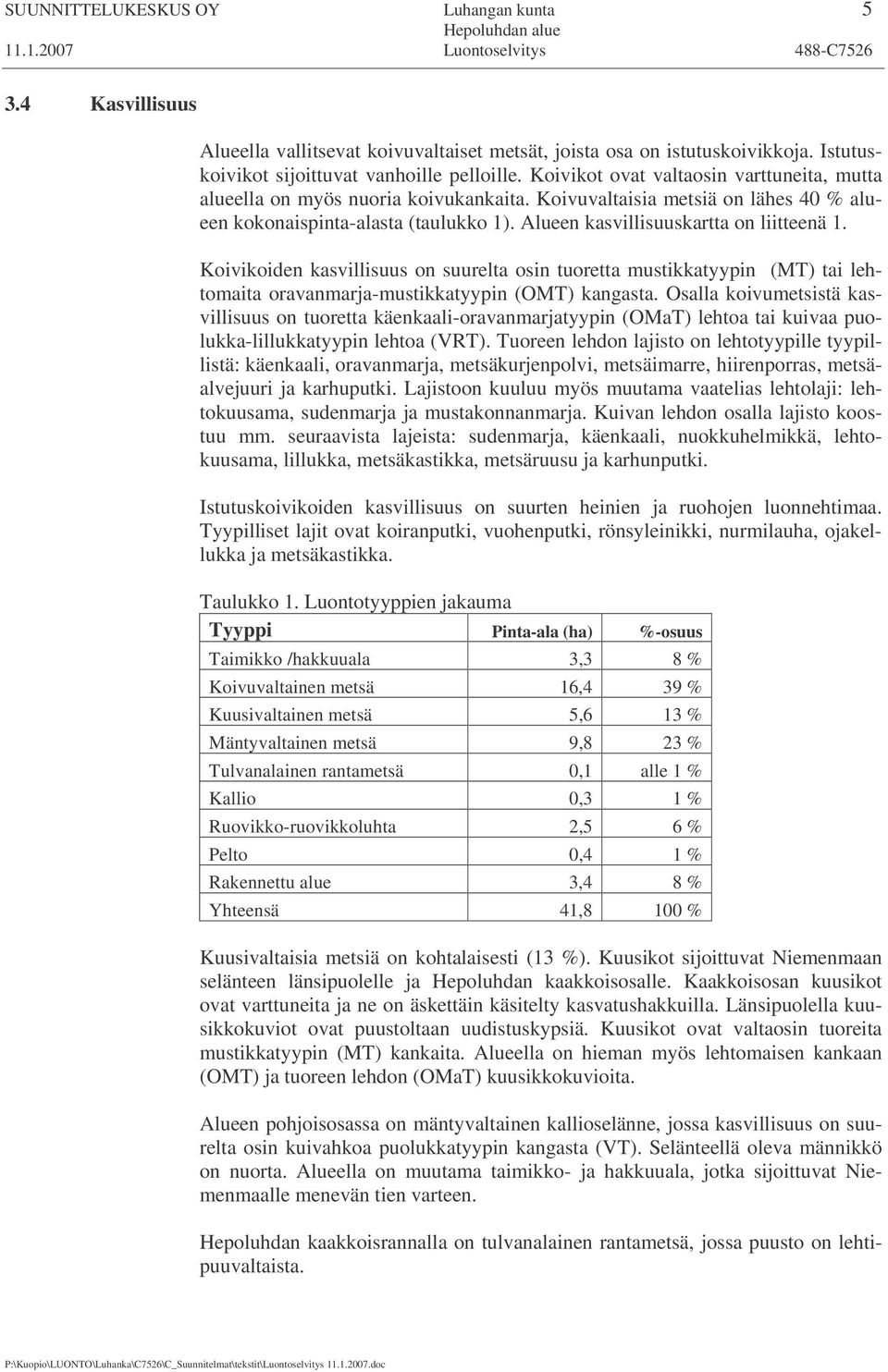 Alueen kasvillisuuskartta on liitteenä 1. Koivikoiden kasvillisuus on suurelta osin tuoretta mustikkatyypin (MT) tai lehtomaita oravanmarja-mustikkatyypin (OMT) kangasta.