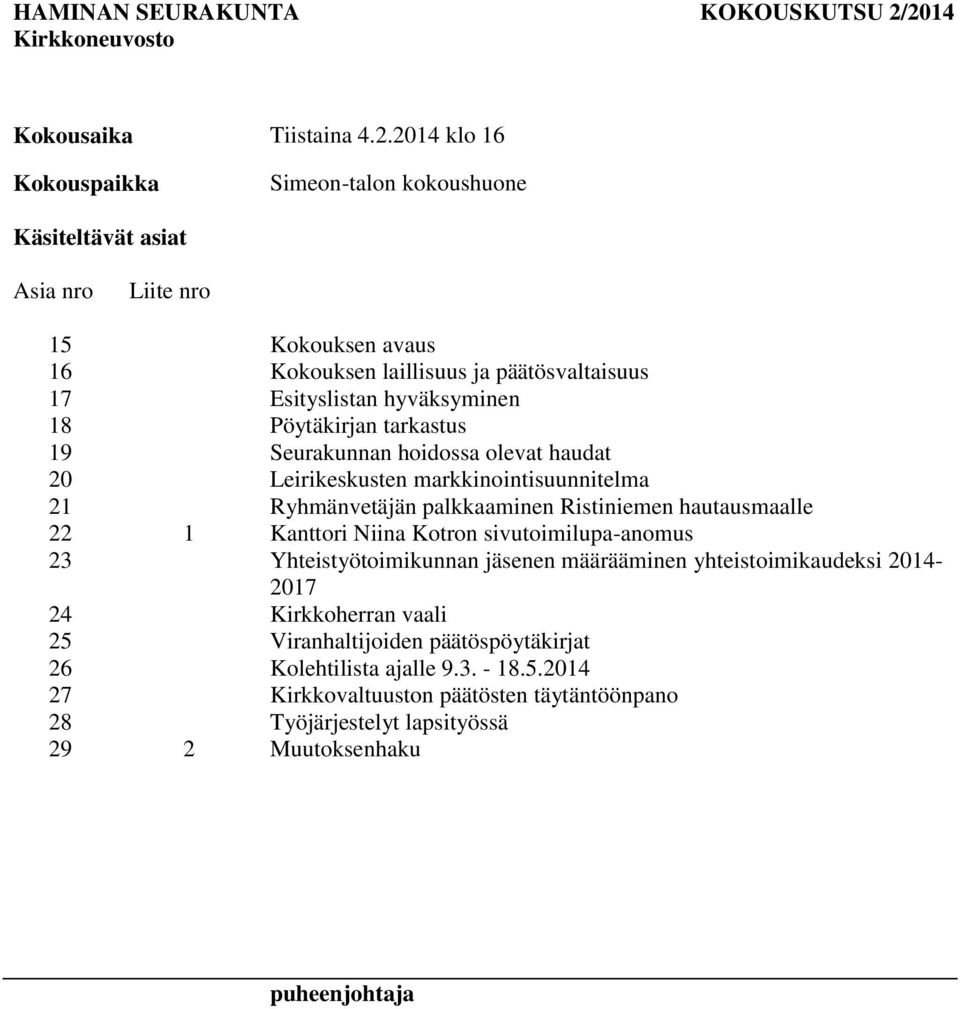 päätösvaltaisuus 17 listan hyväksyminen 18 Pöytäkirjan tarkastus 19 Seurakunnan hoidossa olevat haudat 20 Leirikeskusten markkinointisuunnitelma 21 Ryhmänvetäjän palkkaaminen