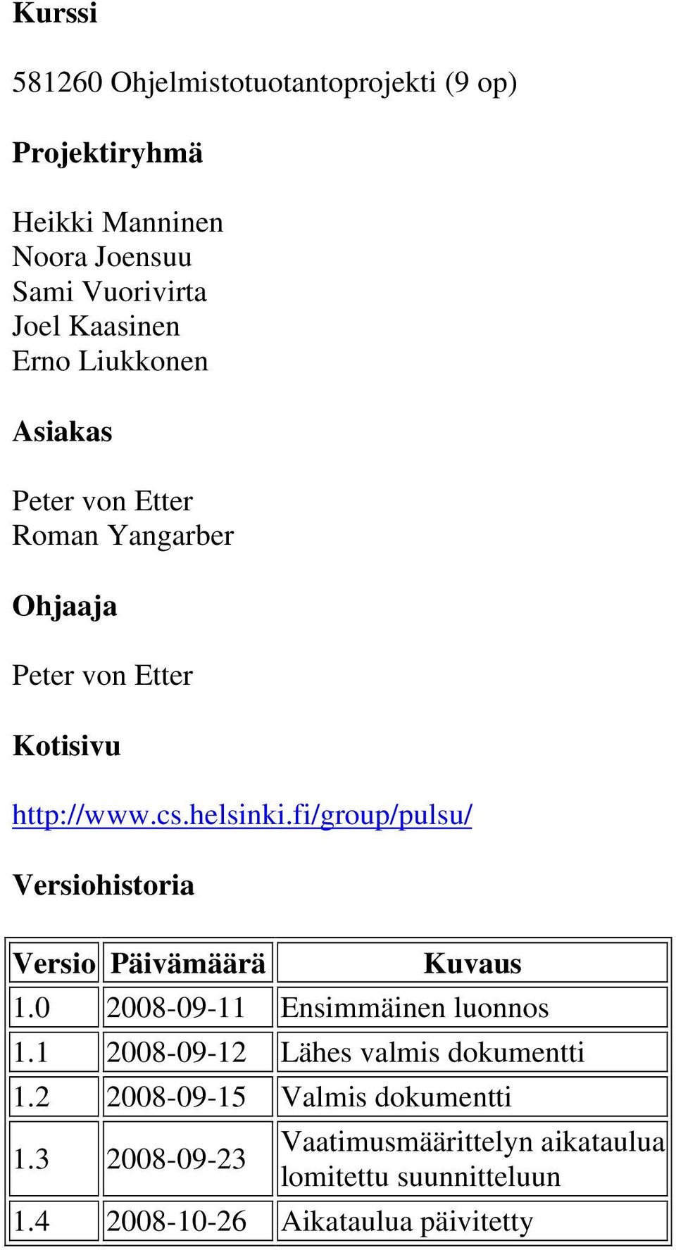 fi/group/pulsu/ Versiohistoria Versio Päivämäärä Kuvaus 1.0 2008-09-11 Ensimmäinen luonnos 1.