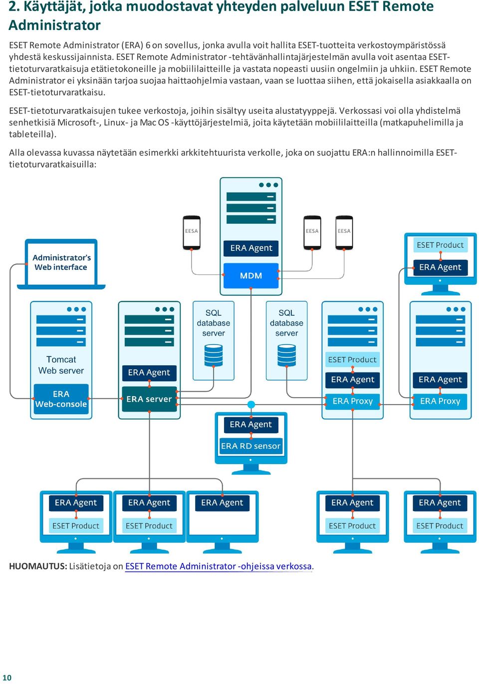 ESET Remote Administrator -tehtävänhallintajärjestelmän avulla voit asentaa ESETtietoturvaratkaisuja etätietokoneille ja mobiililaitteille ja vastata nopeasti uusiin ongelmiin ja uhkiin.