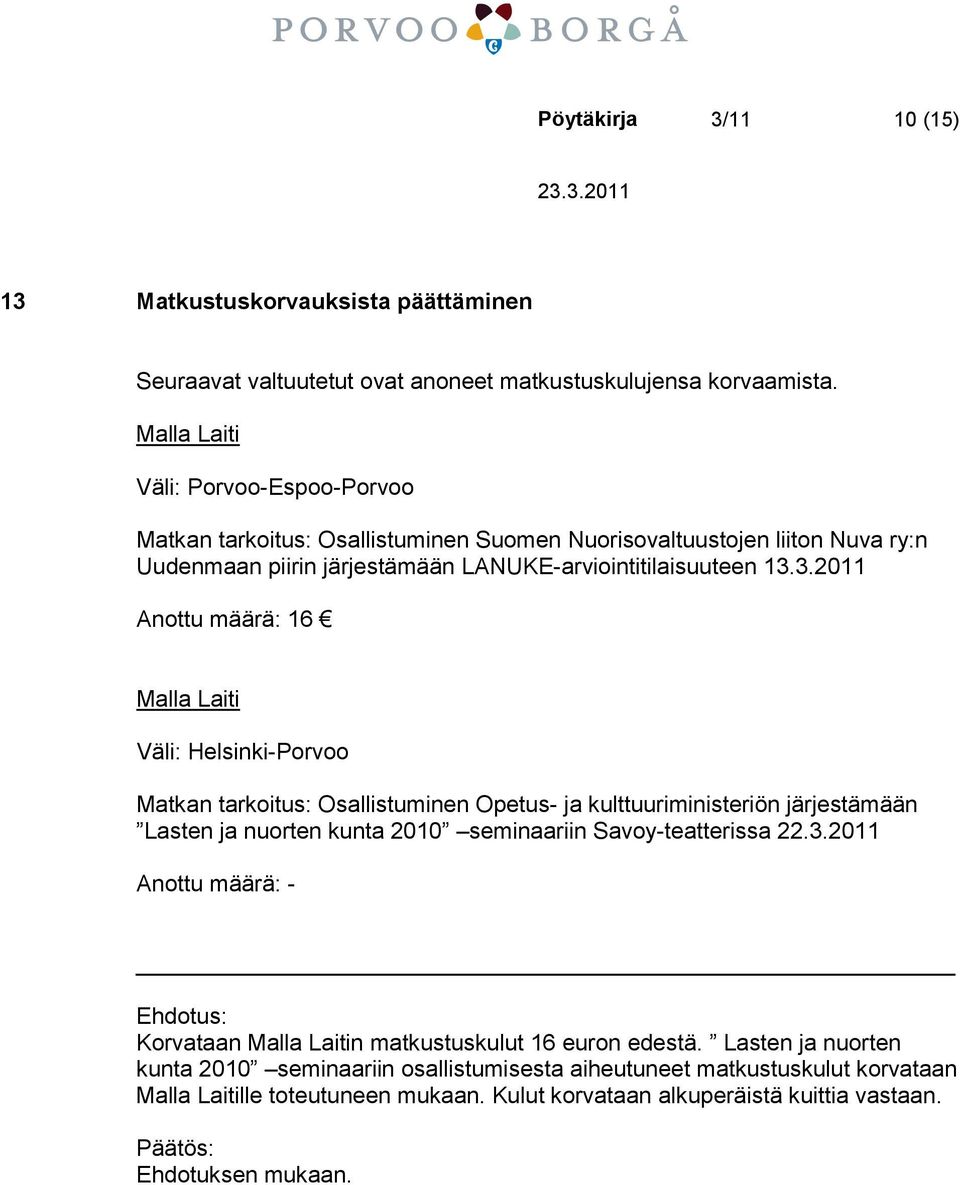 3.2011 Anottu määrä: 16 Malla Laiti Väli: Helsinki-Porvoo Matkan tarkoitus: Osallistuminen Opetus- ja kulttuuriministeriön järjestämään Lasten ja nuorten kunta 2010 seminaariin Savoy-teatterissa