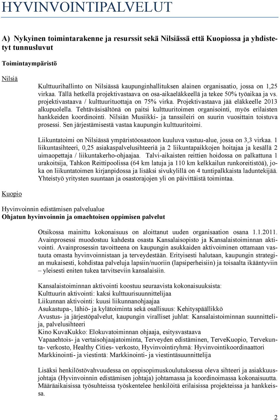 Projektivastaava jää eläkkeelle 2013 alkupuolella. Tehtäväsisältönä on paitsi kulttuuritoimen organisointi, myös erilaisten hankkeiden koordinointi.