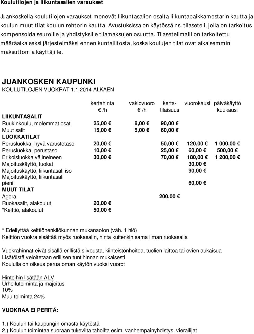 Tilasetelimalli on tarkoitettu määräaikaiseksi järjestelmäksi ennen kuntaliitosta, koska koulujen tilat ovat aikaisemmin maksuttomia käyttäjille. JUANKOSKEN KAUPUNKI KOULUTILOJEN VUOKRAT 1.