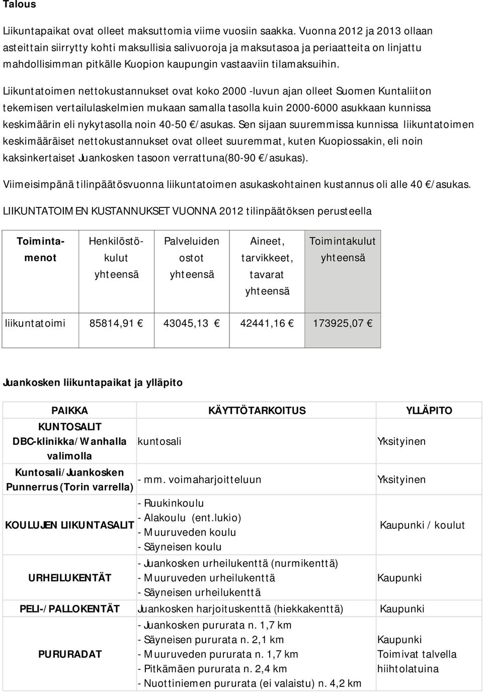 Liikuntatoimen nettokustannukset ovat koko 2000 -luvun ajan olleet Suomen Kuntaliiton tekemisen vertailulaskelmien mukaan samalla tasolla kuin 2000-6000 asukkaan kunnissa keskimäärin eli nykytasolla