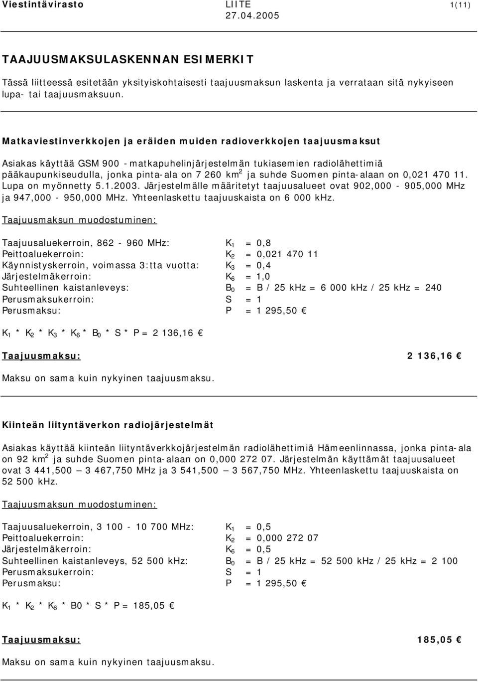ja suhde Suomen pinta-alaan on 0,02 470. Lupa on myönnetty 5..2003. Järjestelmälle määritetyt taajuusalueet ovat 902,000-905,000 MHz ja 947,000-950,000 MHz. Yhteenlaskettu taajuuskaista on 6 000 khz.