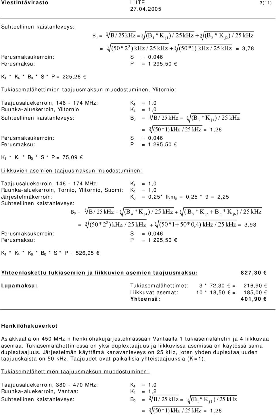 taajuusmaksun muodostuminen: 3 j3) = 3 (50 *) khz =,26 Taajuusaluekerroin, 46-74 MHz: K =,0 Ruuhka-aluekerroin, Tornio, Ylitornio, Suomi: K 4 =,0 Järjestelmäkerroin: K 6 = 0,25* lkm p = 0,25 * 9 =