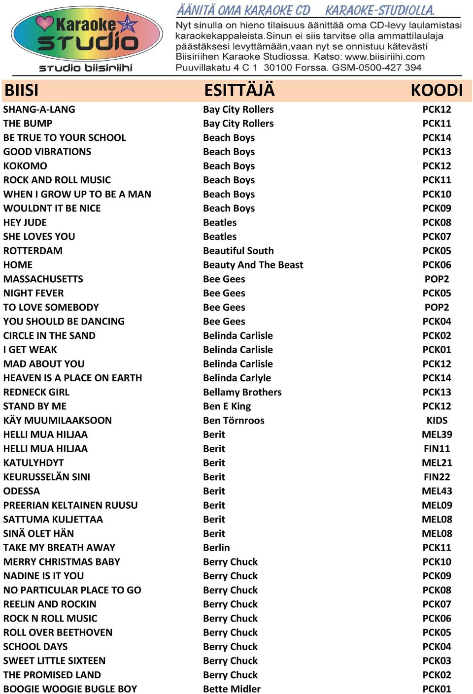 PCK06 MASSACHUSETTS Bee Gees POP2 NIGHT FEVER Bee Gees PCK05 TO LOVE SOMEBODY Bee Gees POP2 YOU SHOULD BE DANCING Bee Gees PCK04 CIRCLE IN THE SAND Belinda Carlisle PCK02 I GET WEAK Belinda Carlisle