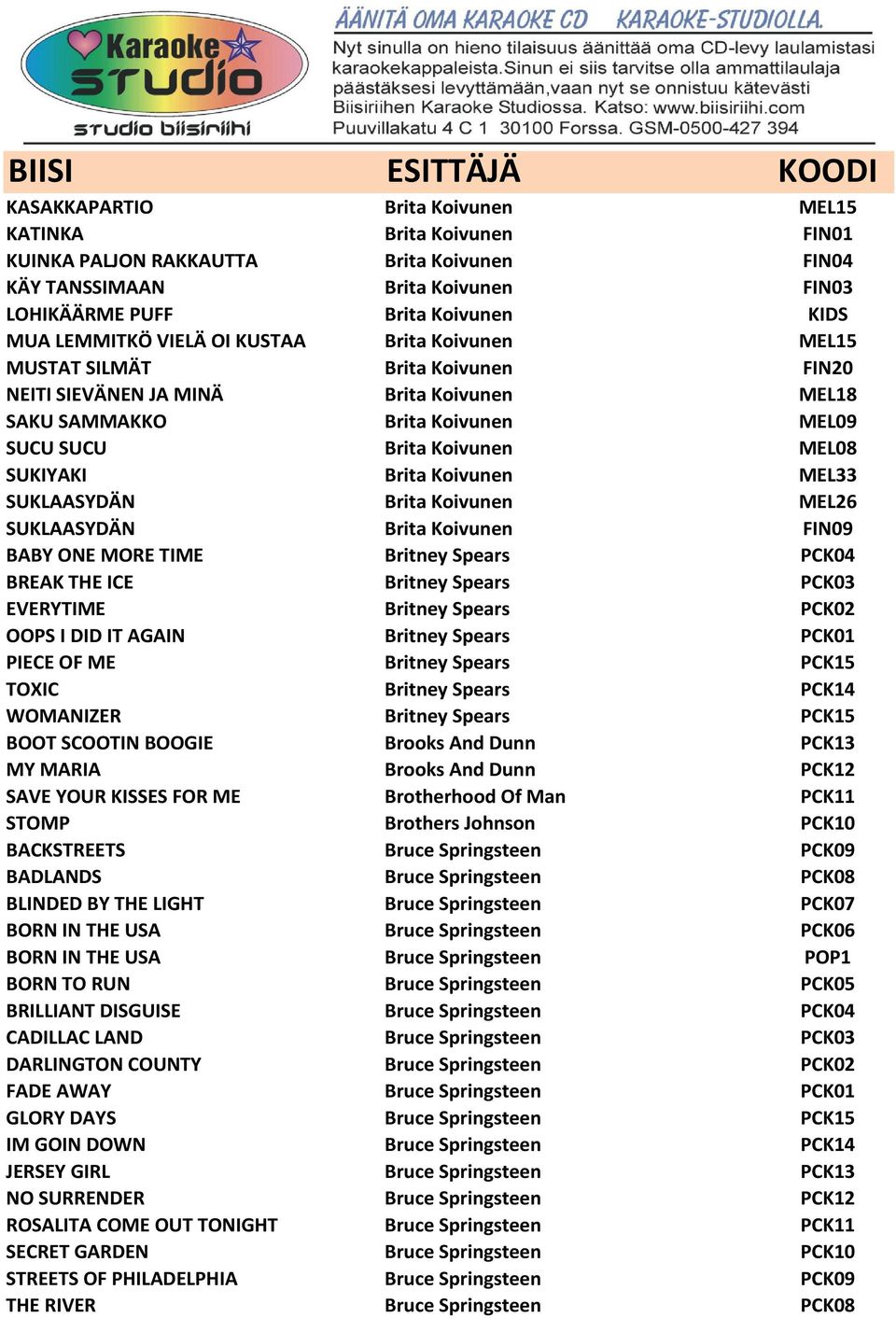 MEL33 SUKLAASYDÄN Brita Koivunen MEL26 SUKLAASYDÄN Brita Koivunen FIN09 BABY ONE MORE TIME Britney Spears PCK04 BREAK THE ICE Britney Spears PCK03 EVERYTIME Britney Spears PCK02 OOPS I DID IT AGAIN
