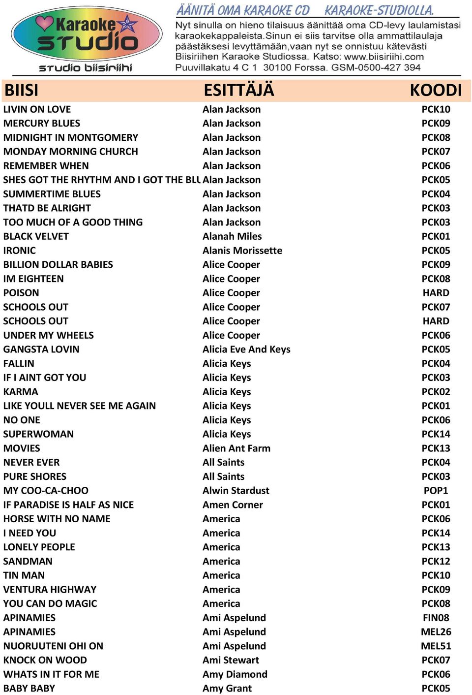 IRONIC Alanis Morissette PCK05 BILLION DOLLAR BABIES Alice Cooper PCK09 IM EIGHTEEN Alice Cooper PCK08 POISON Alice Cooper HARD SCHOOLS OUT Alice Cooper PCK07 SCHOOLS OUT Alice Cooper HARD UNDER MY