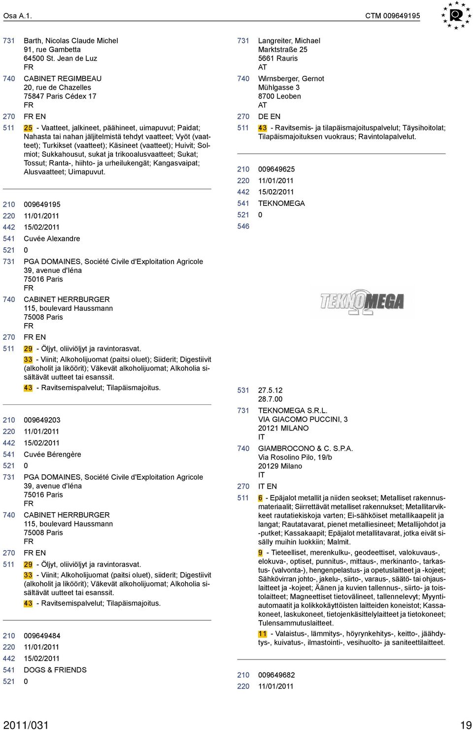 (vaatteet); Turkikset (vaatteet); Käsineet (vaatteet); Huivit; Solmiot; Sukkahousut, sukat ja trikooalusvaatteet; Sukat; Tossut; Ranta-, hiihto- ja urheilukengät; Kangasvaipat; Alusvaatteet;