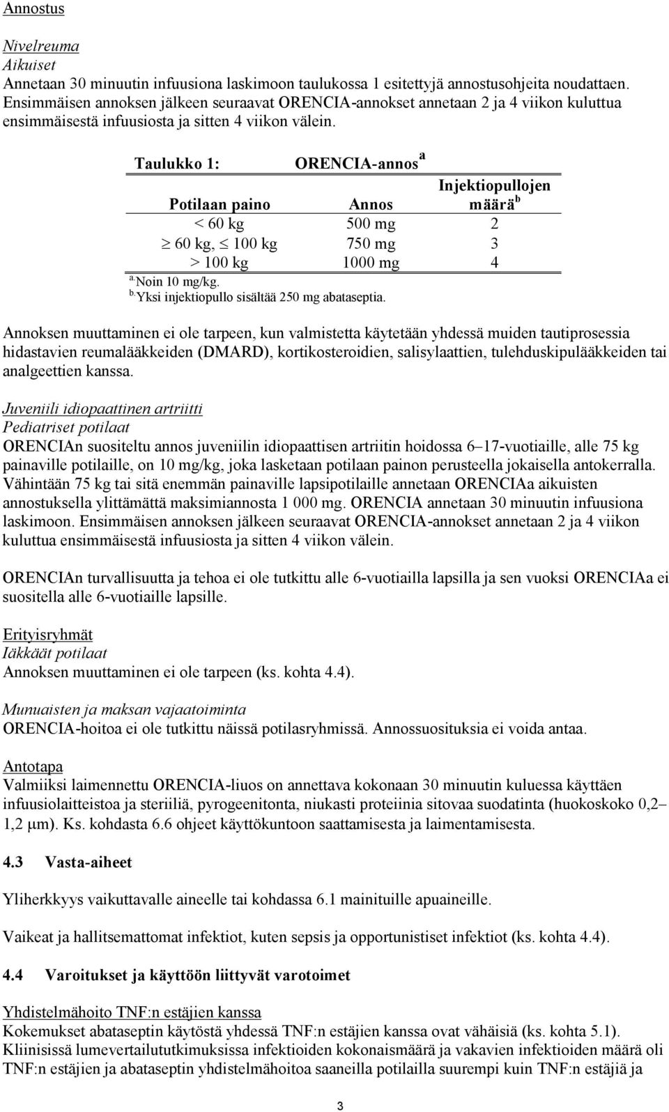 Taulukko 1: ORENCIA-annos a Potilaan paino Annos Injektiopullojen määrä b < 60 kg 500 mg 2 60 kg, 100 kg 750 mg 3 > 100 kg 1000 mg 4 a. Noin 10 mg/kg. b. Yksi injektiopullo sisältää 250 mg abataseptia.