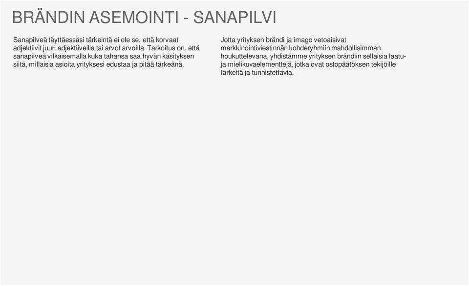 Tarkoitus on, että sanapilveä vilkaisemalla kuka tahansa saa hyvän käsityksen siitä, millaisia asioita yrityksesi edustaa ja pitää