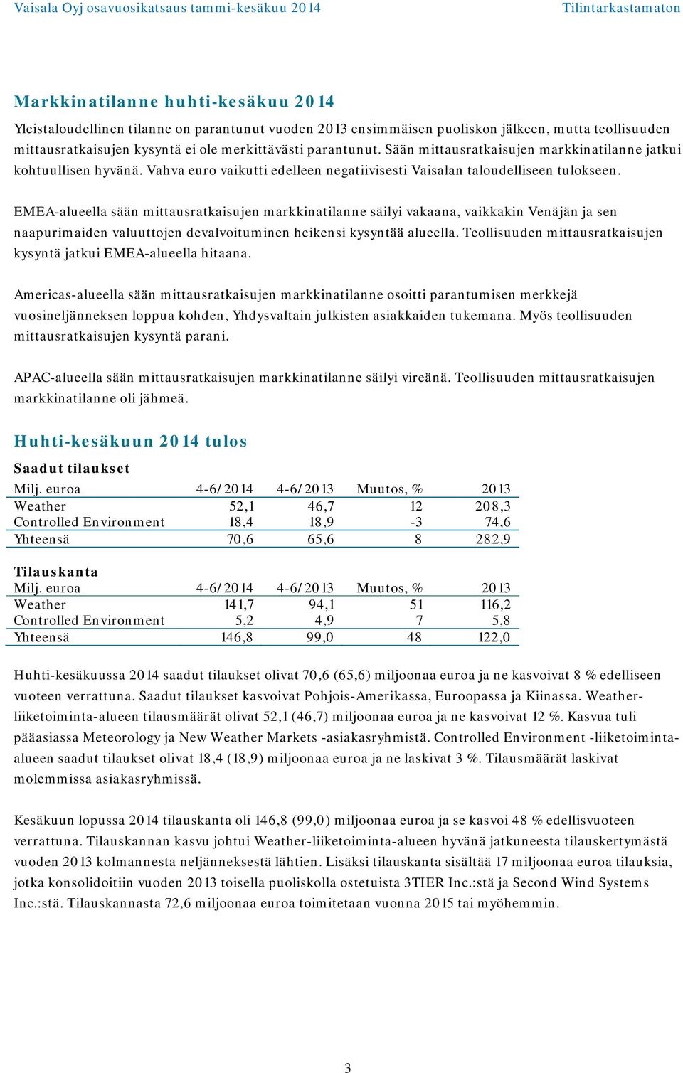 EMEA-alueella sään mittausratkaisujen markkinatilanne säilyi vakaana, vaikkakin Venäjän ja sen naapurimaiden valuuttojen devalvoituminen heikensi kysyntää alueella.