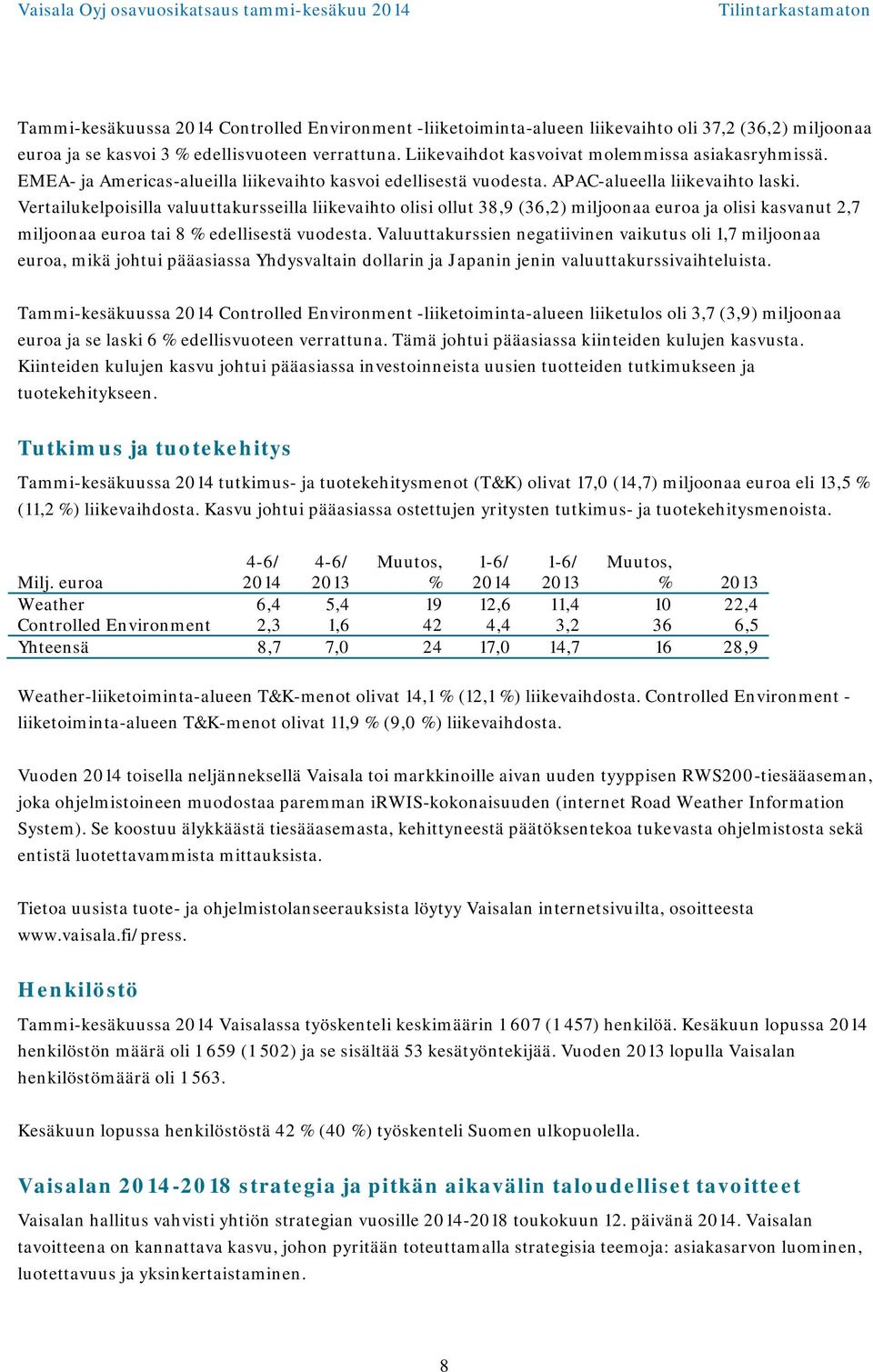 Vertailukelpoisilla valuuttakursseilla liikevaihto olisi ollut 38,9 (36,2) miljoonaa euroa ja olisi kasvanut 2,7 miljoonaa euroa tai 8 % edellisestä vuodesta.