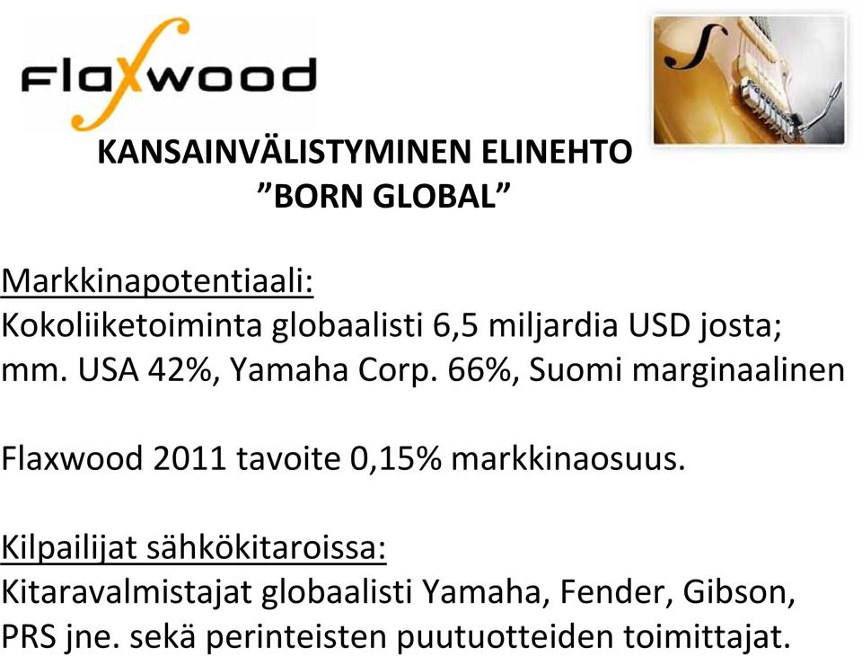 66%, Suomi marginaalinen Flaxwood 2011 tavoite 0,15% markkinaosuus.