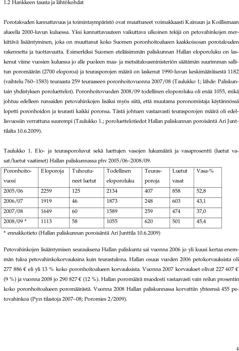 Esimerkiksi Suomen eteläisimmän paliskunnan Hallan eloporoluku on laskenut viime vuosien kuluessa jo alle puoleen maa ja metsätalousministeriön säätämän suurimman sallitun poromäärän (2700 eloporoa)