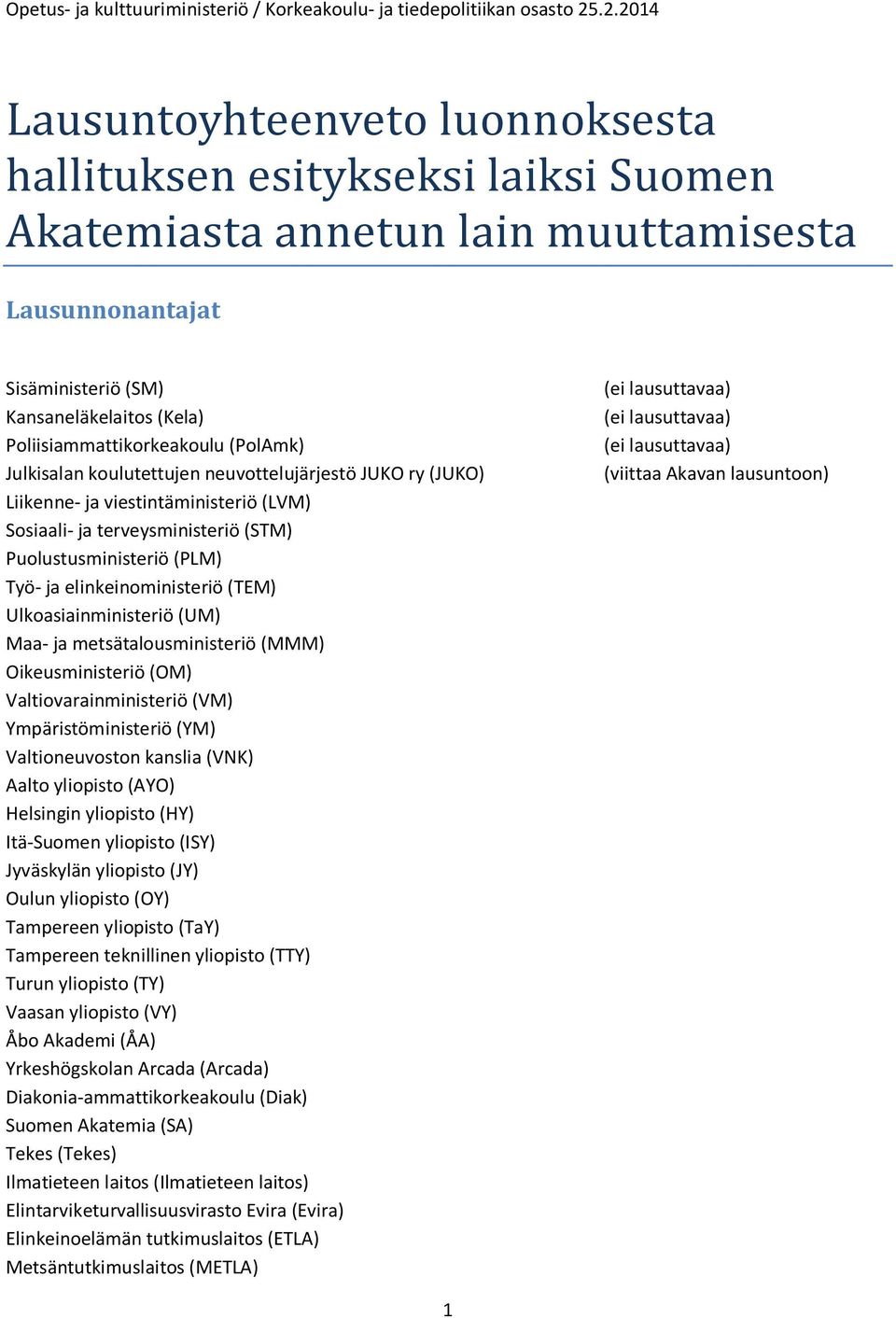 Poliisiammattikorkeakoulu (PolAmk) Julkisalan koulutettujen neuvottelujärjestö JUKO ry (JUKO) Liikenne- ja viestintäministeriö (LVM) Sosiaali- ja terveysministeriö (STM) Puolustusministeriö (PLM)