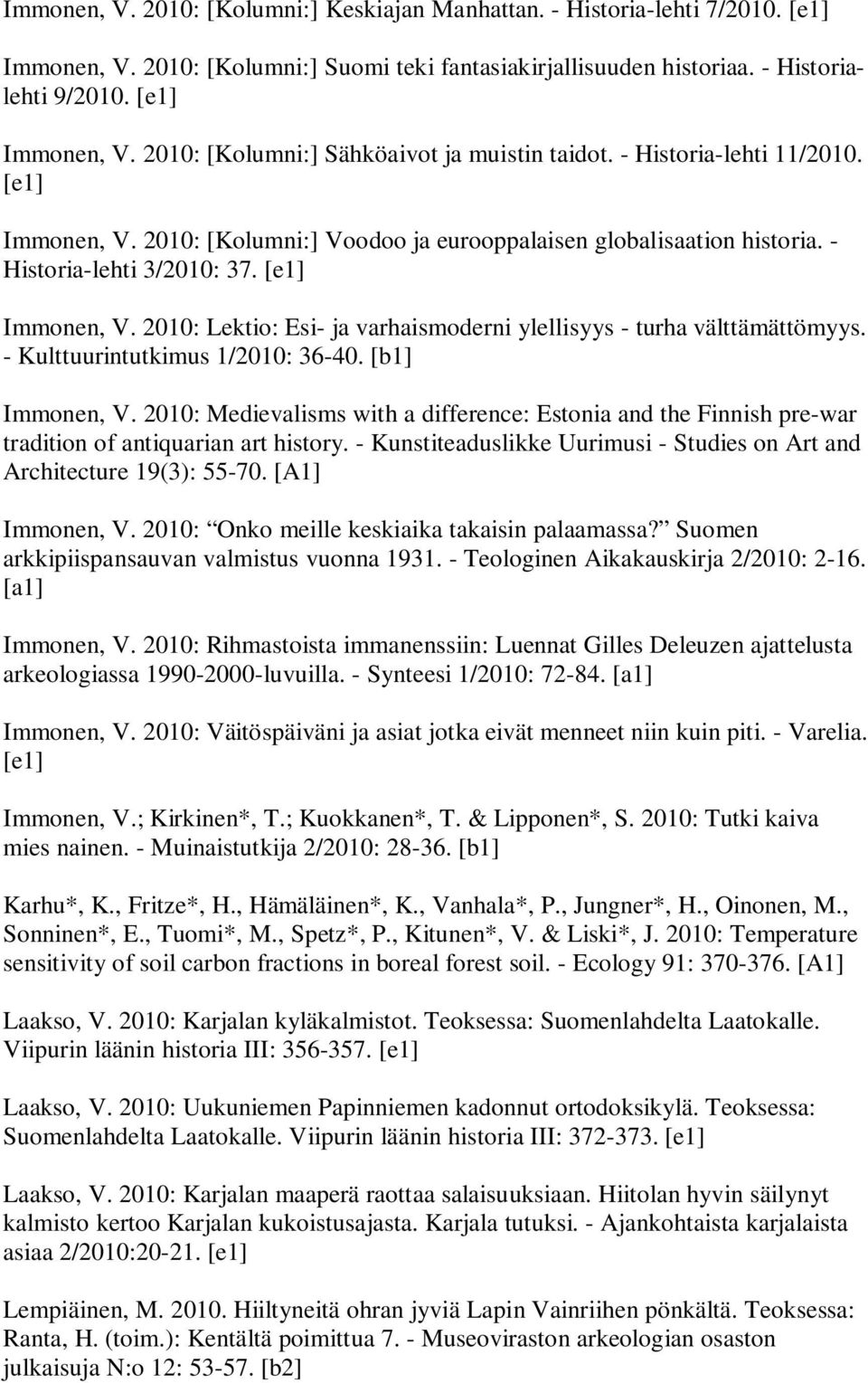 - Kulttuurintutkimus 1/2010: 36-40. [b1] Immonen, V. 2010: Medievalisms with a difference: Estonia and the Finnish pre-war tradition of antiquarian art history.