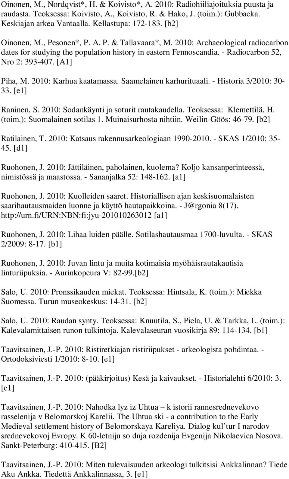- Radiocarbon 52, Nro 2: 393-407. [A1] Piha, M. 2010: Karhua kaatamassa. Saamelainen karhurituaali. - Historia 3/2010: 30-33. [e1] Raninen, S. 2010: Sodankäynti ja soturit rautakaudella.