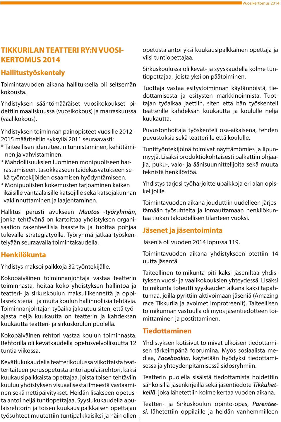 Yhdistyksen toiminnan painopisteet vuosille 2012-2015 määriteltiin syksyllä 2011 seuraavasti: * Taiteellisen identiteetin tunnistaminen, kehittäminen ja vahvistaminen.