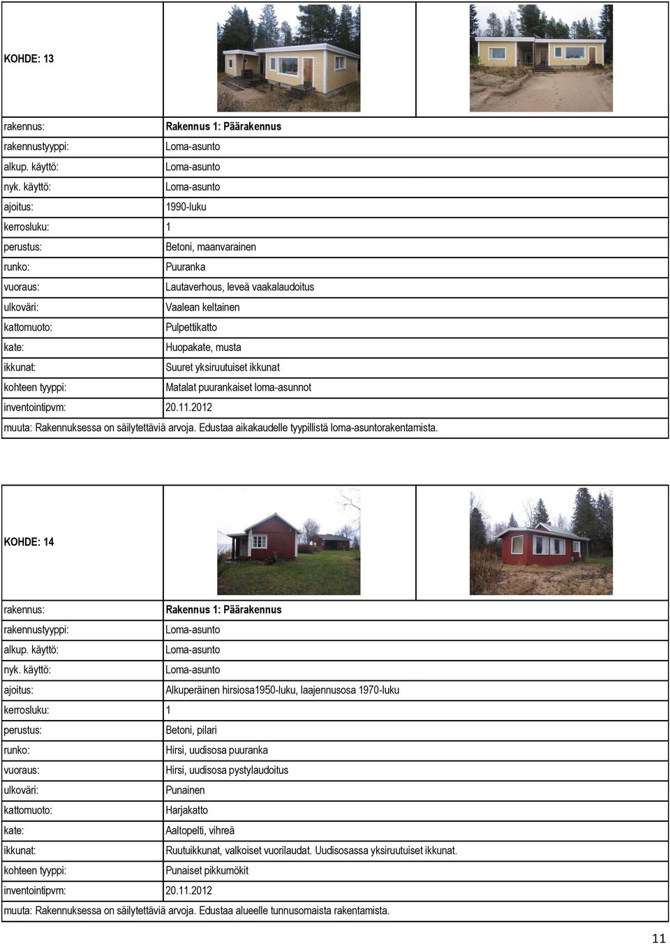 KOHDE: 14 Alkuperäinen hirsiosa1950-luku, laajennusosa 1970-luku kerrosluku: 1 Betoni, pilari Hirsi, uudisosa puuranka Hirsi, uudisosa pystylaudoitus Punainen