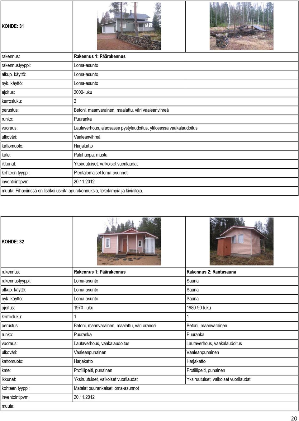 KOHDE: 32 Rakennus 2: Rantasauna Sauna Sauna Sauna 1970 -luku 1980-90-luku kerrosluku: 1 1 Betoni, maanvarainen, maalattu, väri oranssi Betoni, maanvarainen Puuranka Puuranka Lautaverhous,