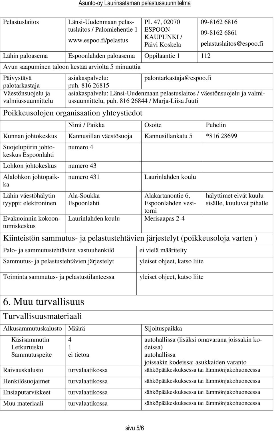 816 26815 Väestönsuojelu ja valmiussuunnittelu asiakaspalvelu: Länsi-Uudenmaan pelastuslaitos / väestönsuojelu ja valmiussuunnittelu, puh.