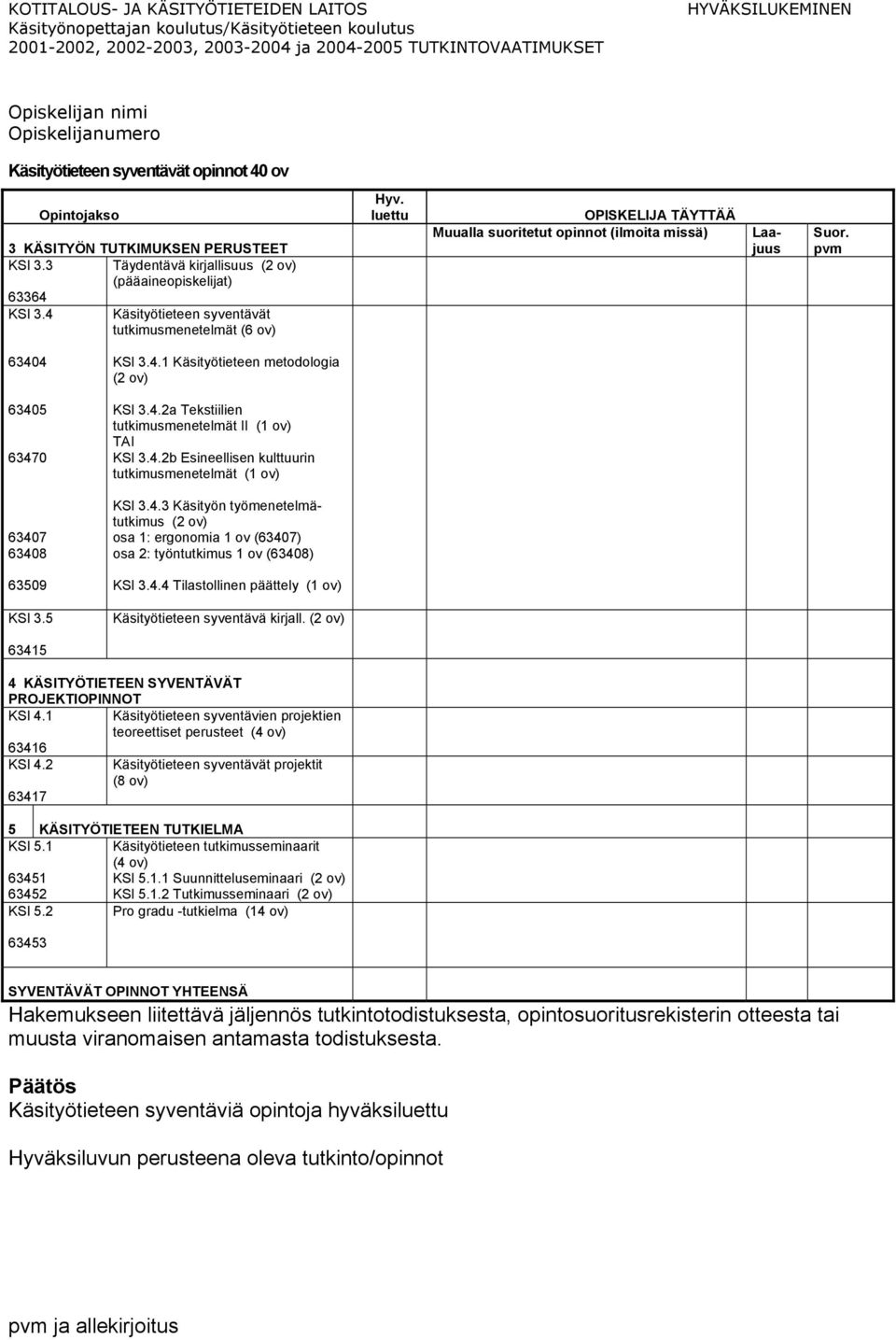 4.3 Käsityön työmenetelmätutkimus osa 1: ergonomia 1 ov (63407) osa 2: työntutkimus 1 ov (63408) KSl 3.4.4 Tilastollinen päättely (1 ov) Käsityötieteen syventävä kirjall.